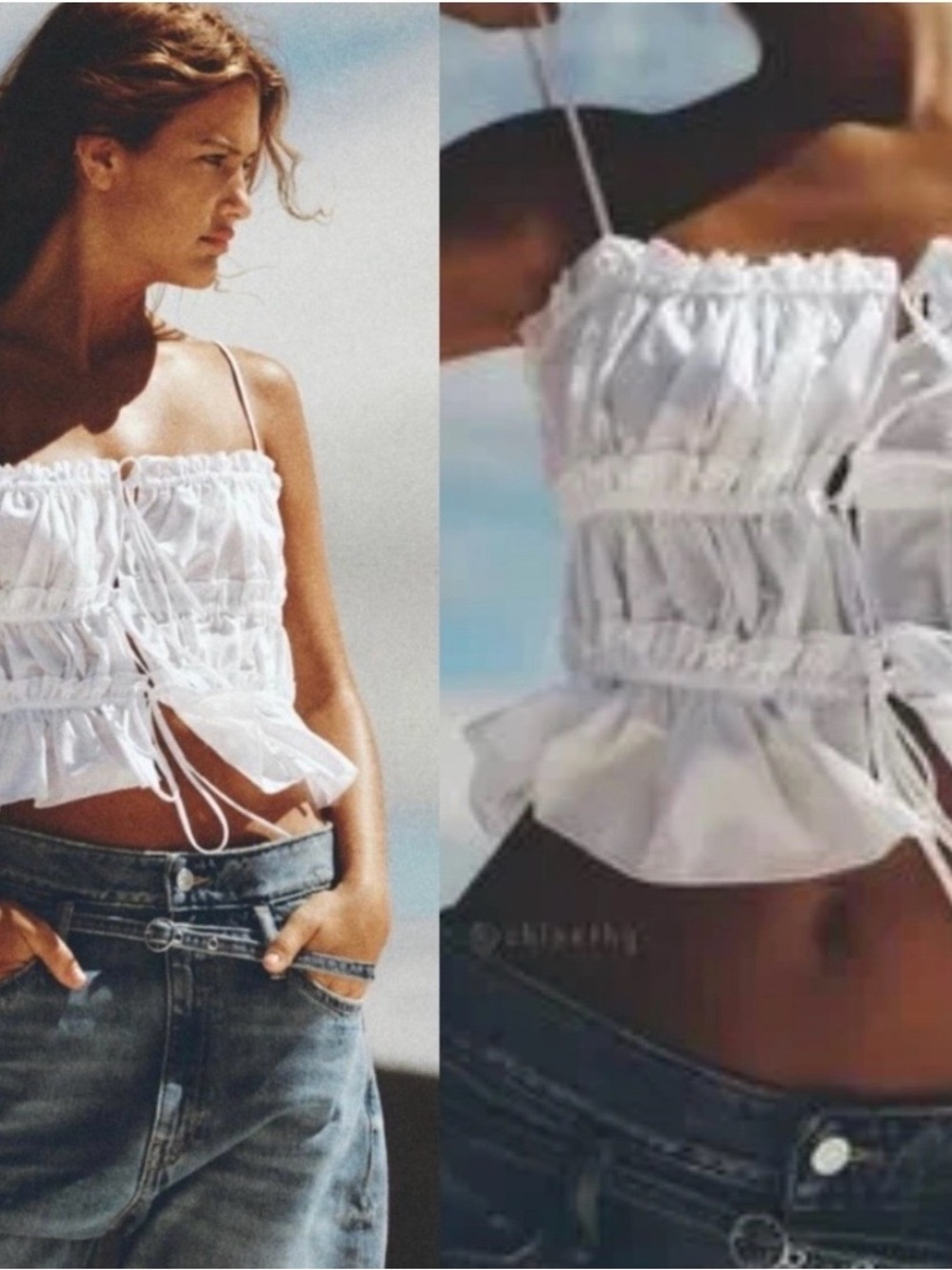 Zara | 100% cotton poplin rushed ruffle crop tank white
